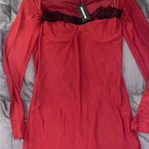 PrettyLittleThing Red Long Sleeve Chemise with Black Lace